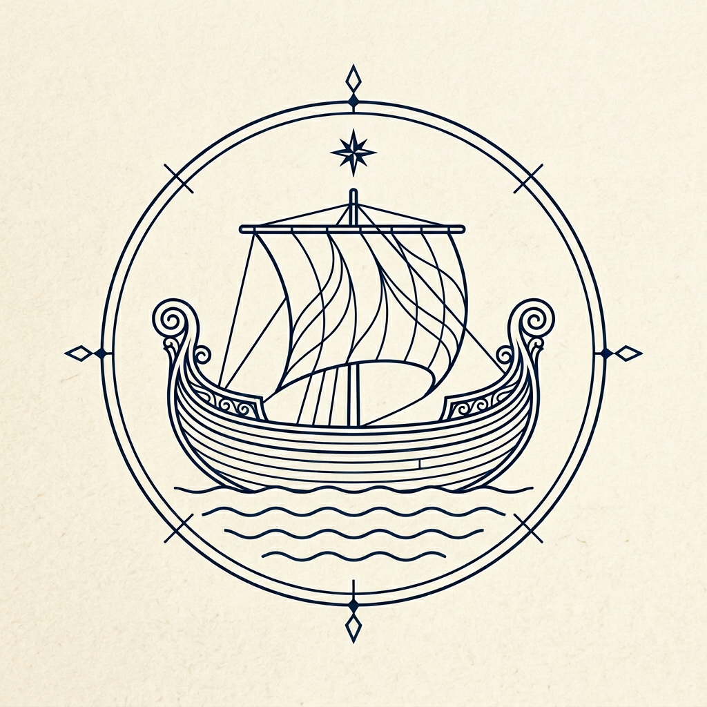 Corbita logo — line-art emblem of a Roman merchant ship inside a compass ring